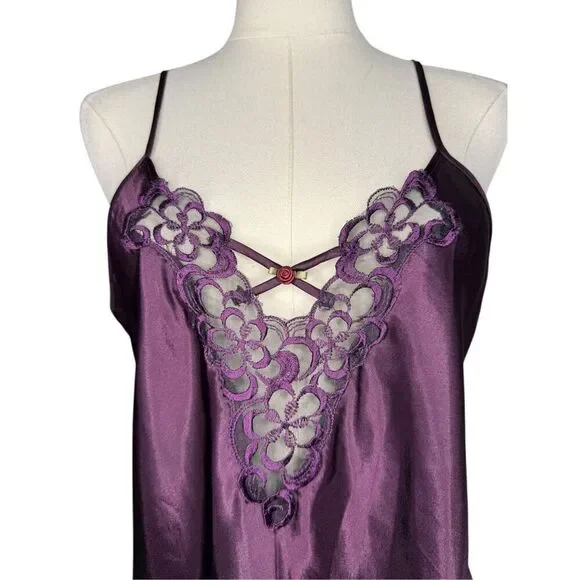 Vtg California Dynasty Women’s Small Satin Slip Dress Purple Lace Lingerie - Picture 2 of 7